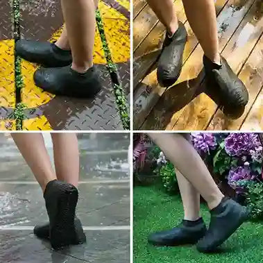 Black rain boots worn by a person on different surfaces