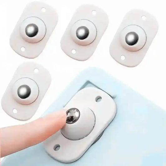 Set of six white magnetic buttons with metal centers on a light blue background.