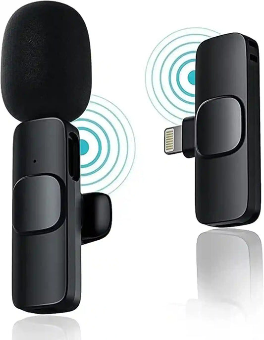 Black microphone and receiver device with wireless signal icon on a white background