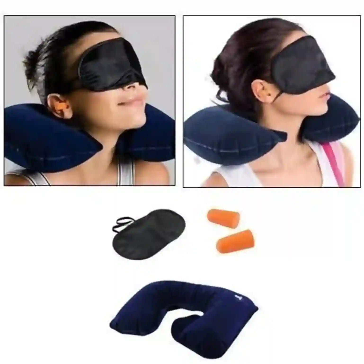 Collage of a person using an inflatable neck pillow with a black eye mask and earplugs on a white background.