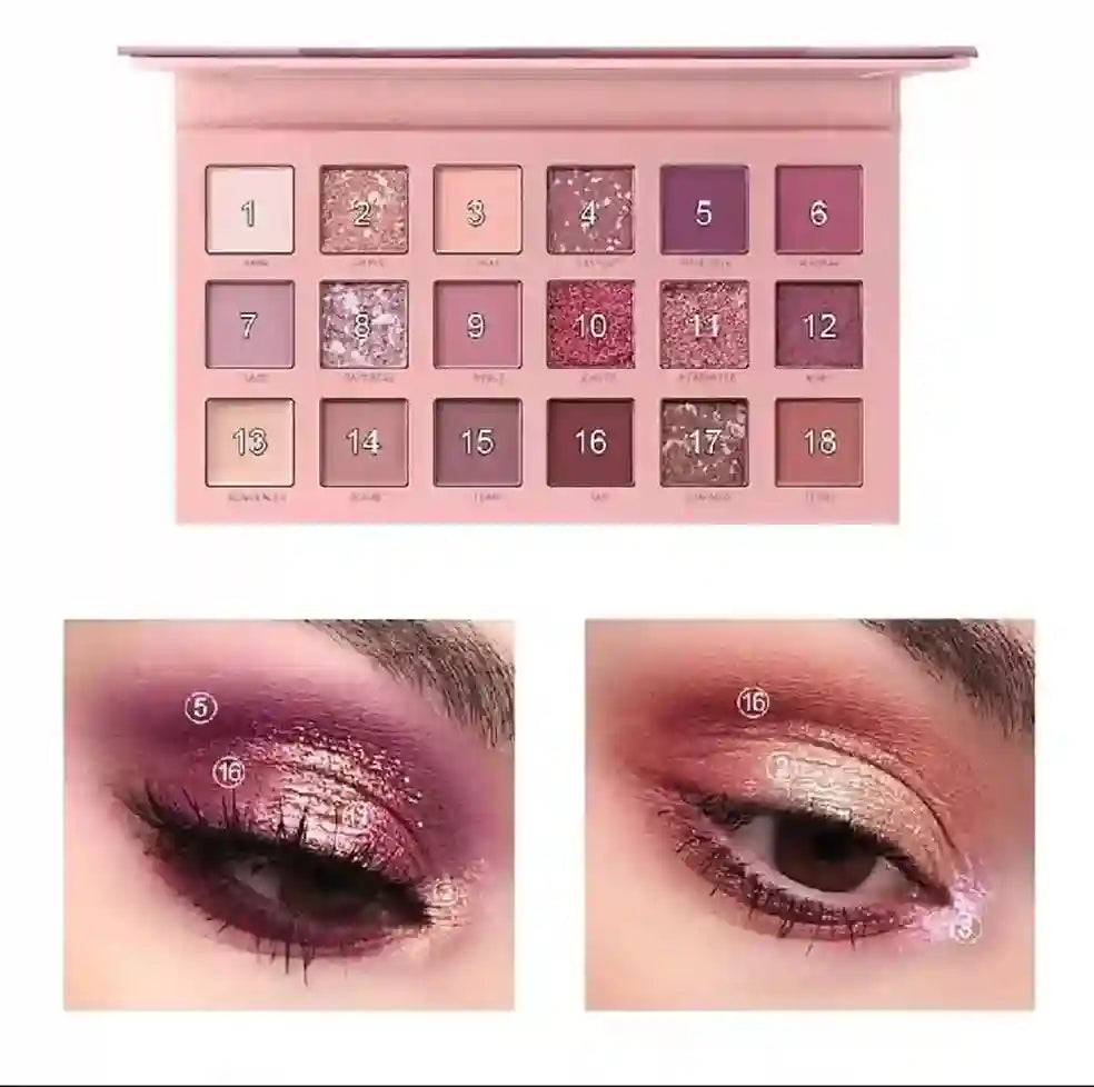 Makeup palette with eyeshadow shades and two eye makeup looks.