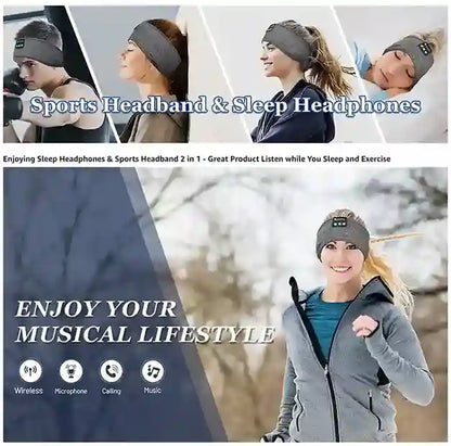 Sports headband with built-in sleep headphones worn by a person outdoors.