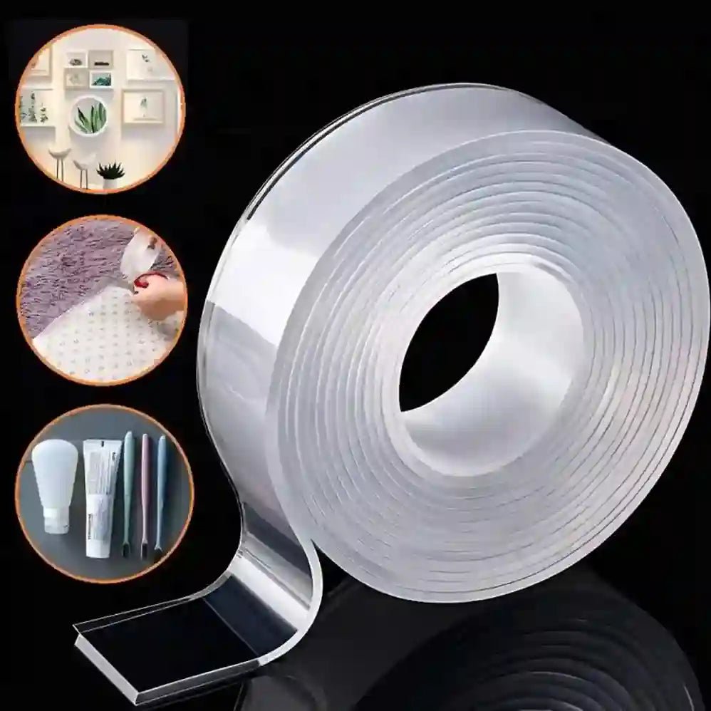 Roll of clear adhesive tape with application examples on a black background
