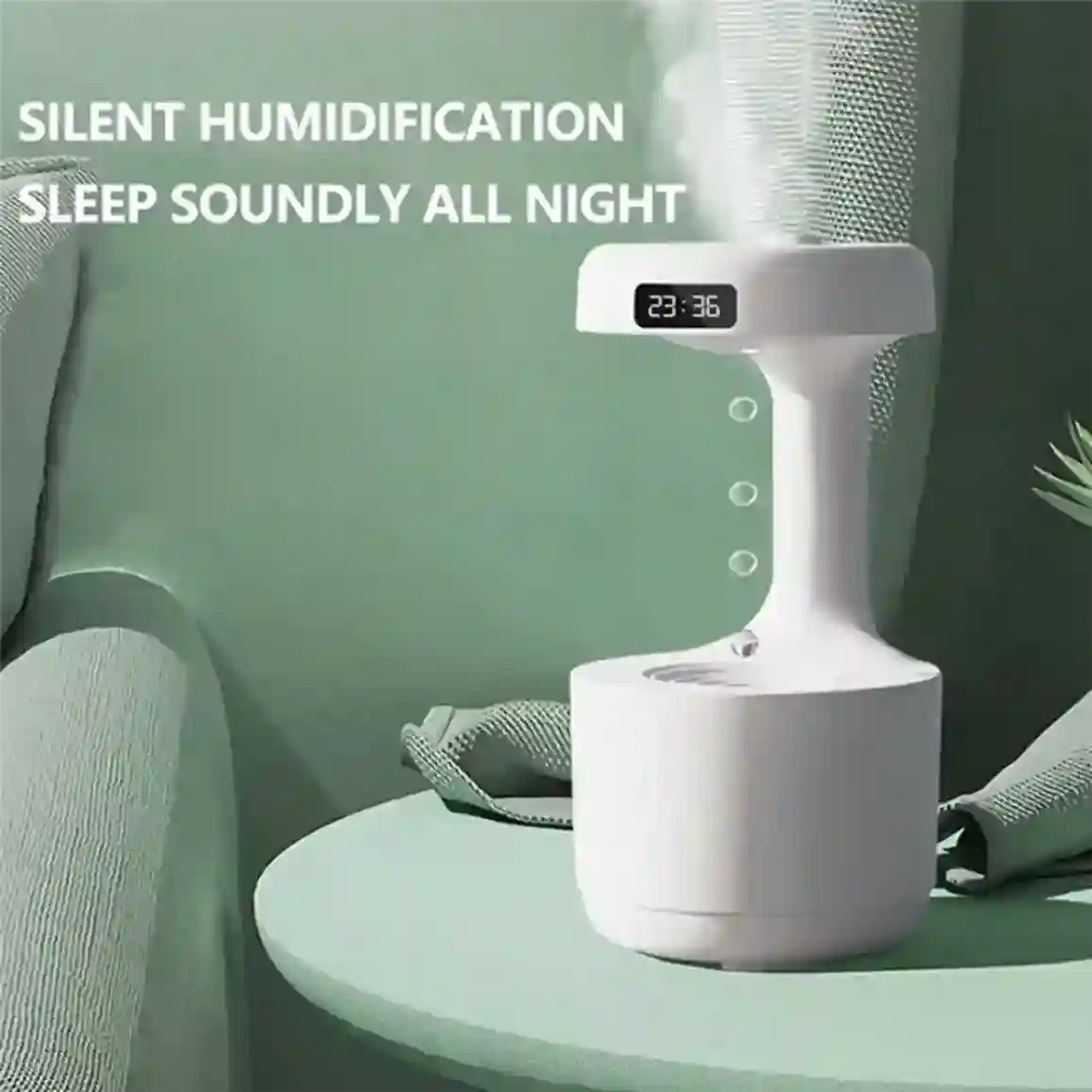 White humidifier on a table with text 'Silent Humidification Sleep Soundly All Night' on a green background.