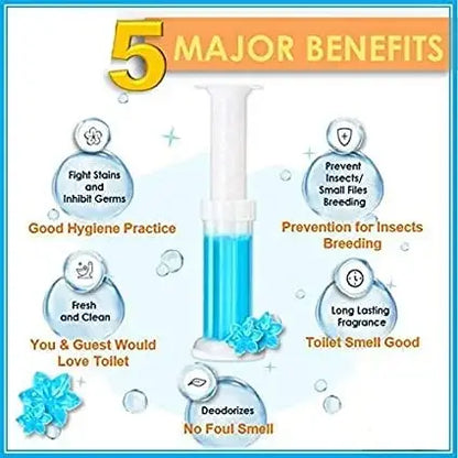 Diagram of a cleaning product with text listing five major benefits on a blue and orange background.