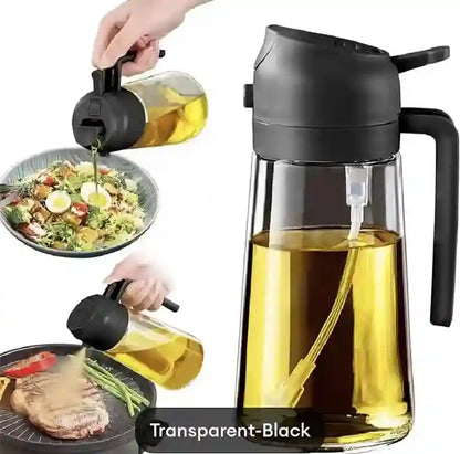 Glass oil dispenser with black lid being used on a salad and grill, labeled 'Transparent-Black'.