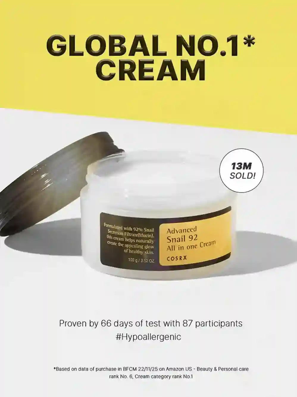 Cosmetic cream jar with yellow label on a white background, featuring text about global ranking and sales.