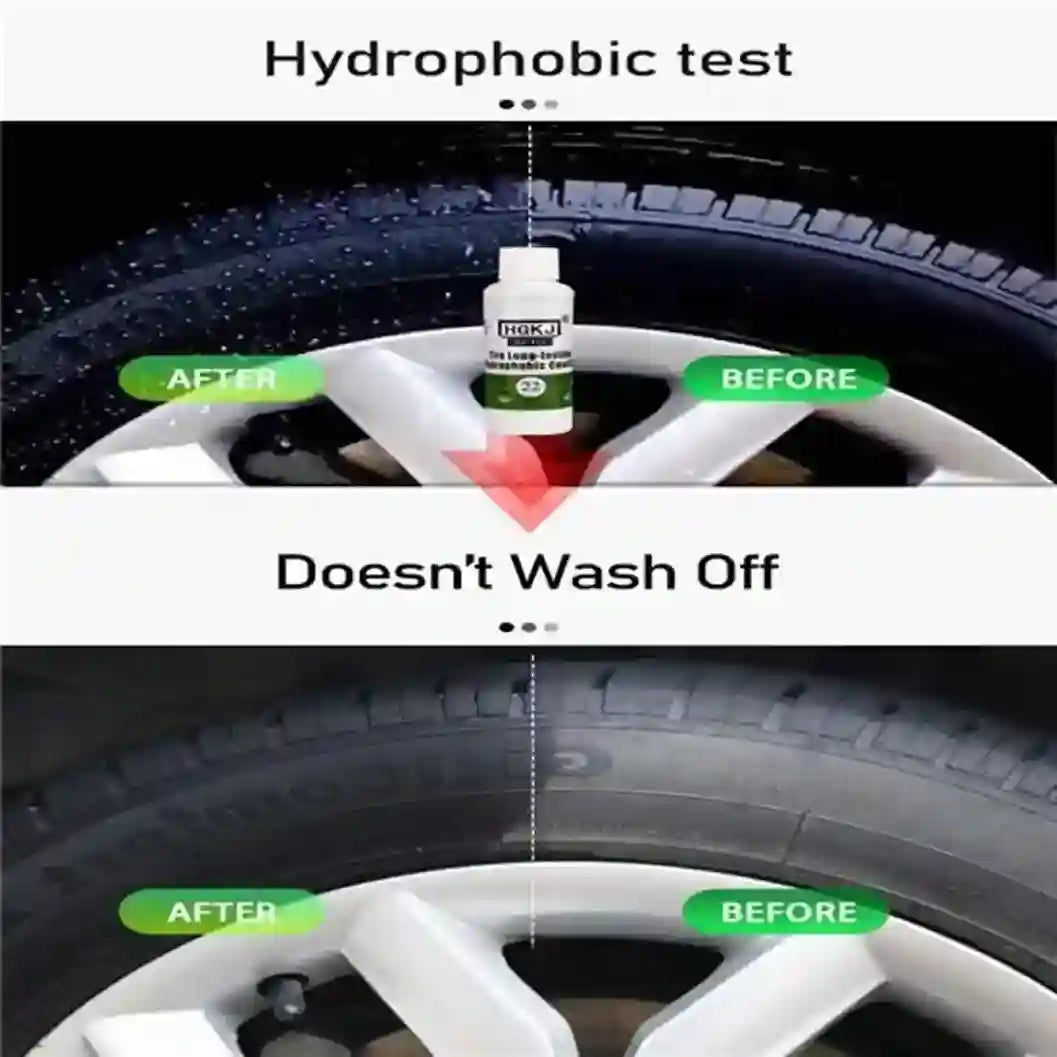 Comparison of hydrophobic treatment on a tire before and after application with a bottle labeled 'Nukell'.