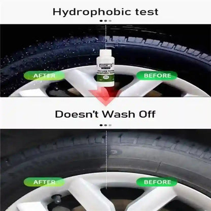 Comparison of hydrophobic treatment on a tire before and after application with a bottle labeled 'Nukell'.