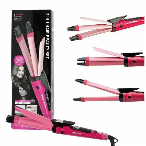 Pink and black hair styling tool set with packaging on a white background