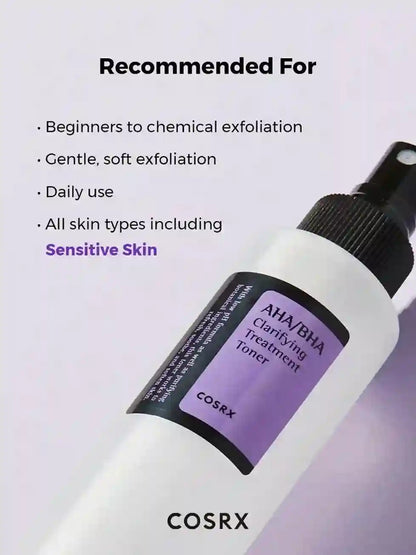 COSRX AHA/BHA Clarifying Treatment Toner bottle with text on a light purple background