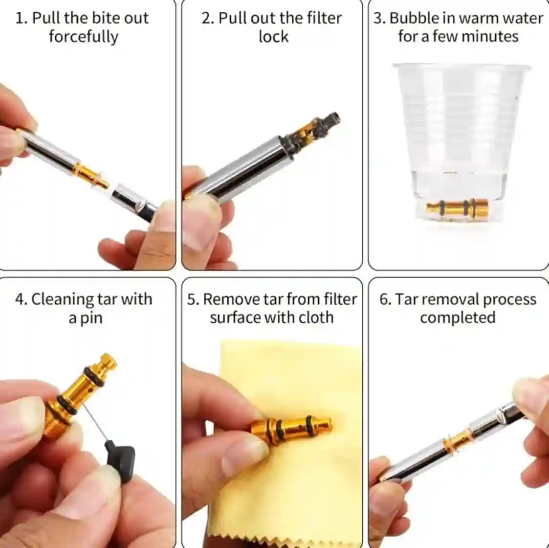 Step-by-step guide on cleaning a vaping device with images of hands performing each step.