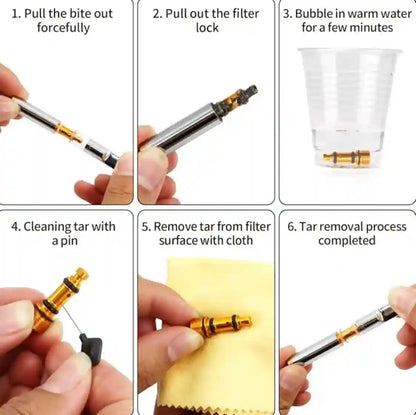Step-by-step guide on cleaning a vaping device with images of hands performing each step.