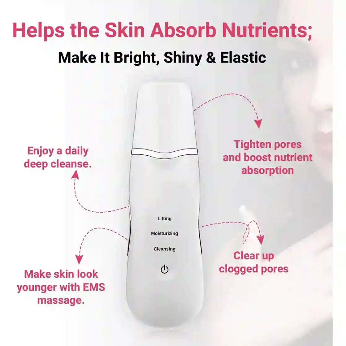 White skincare device with text highlighting its benefits on a white background