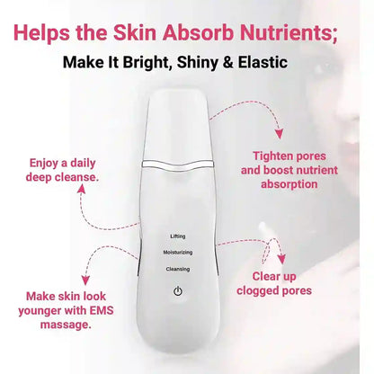 White skincare device with text highlighting its benefits on a white background