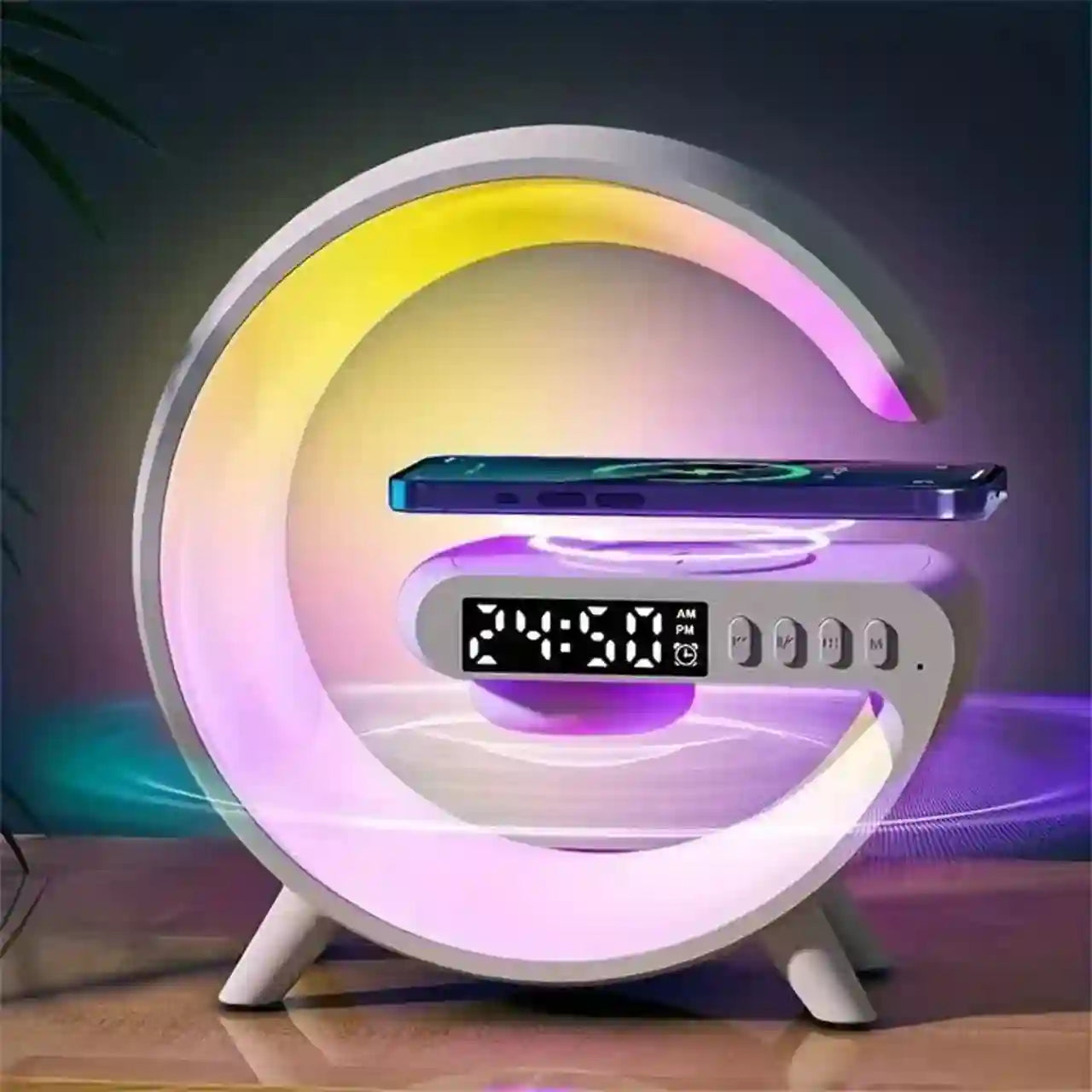 Colorful LED clock with moon design on a dark background