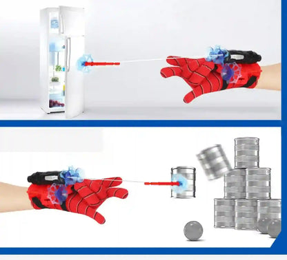 Spider-Man themed glove with a magnetic feature interacting with cans on a white background
