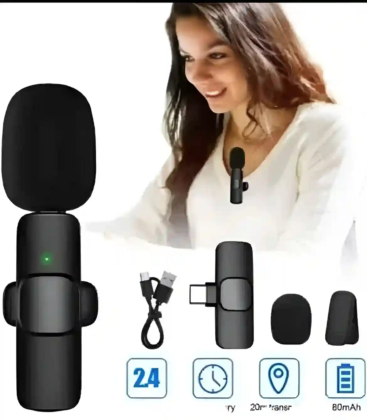 Black microphone with accessories and a woman in the background