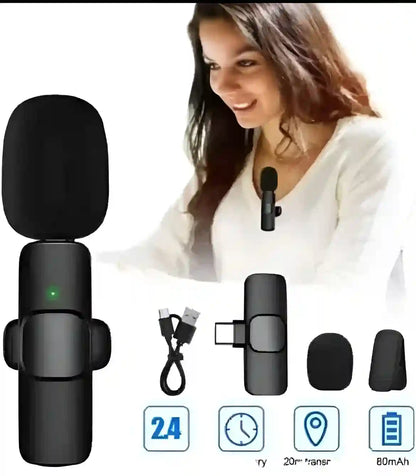 Black microphone with accessories and a woman in the background