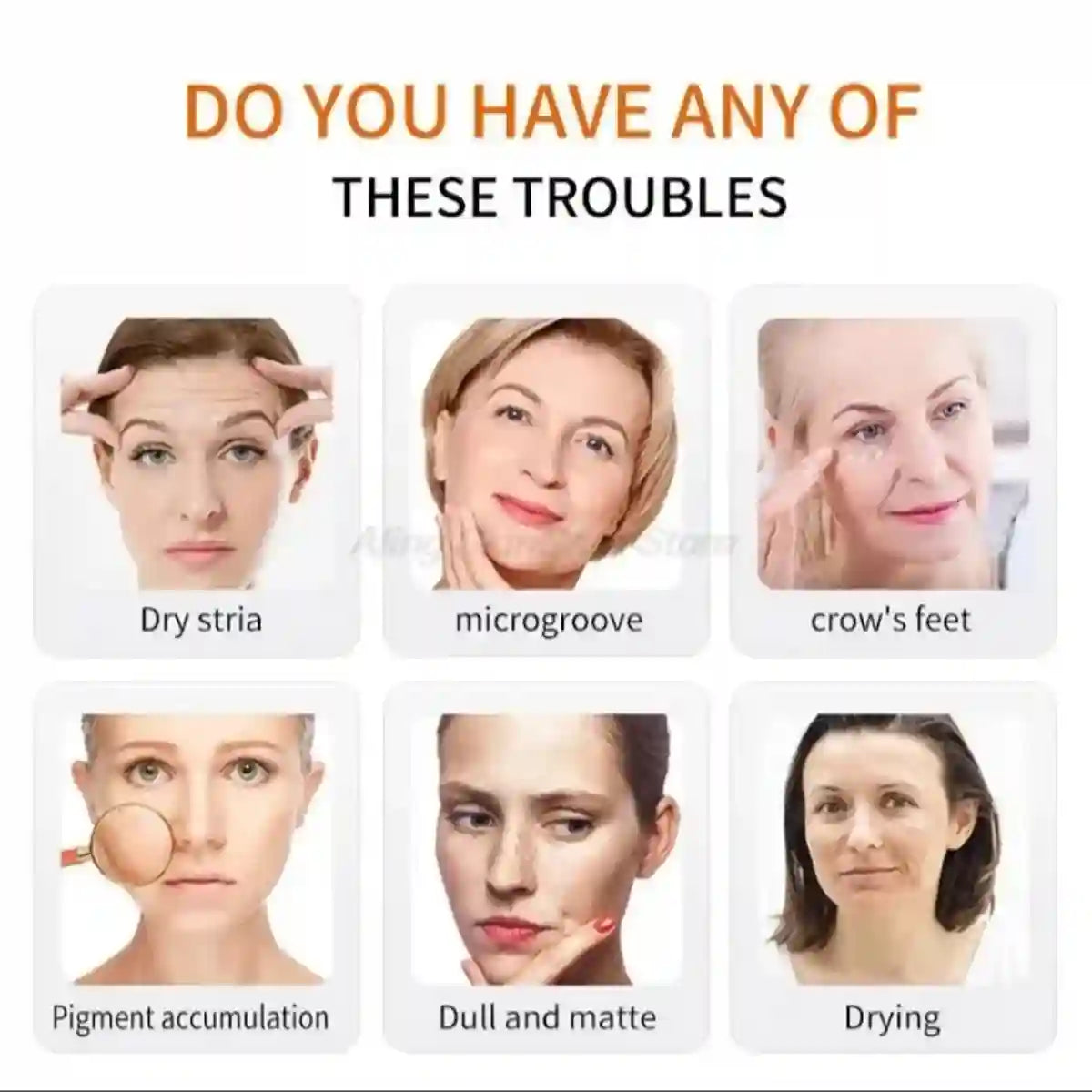 Faces with different skin concerns and text asking if the viewer has these troubles.