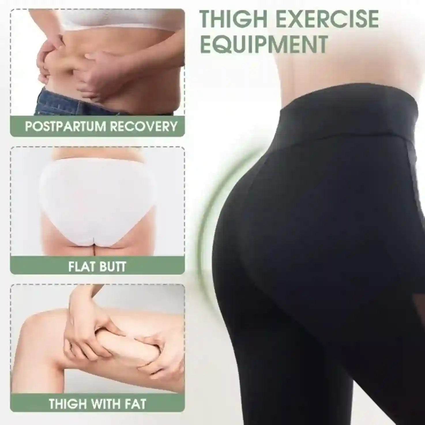 Advertisement for thigh exercise equipment showing before and after effects on body shape.