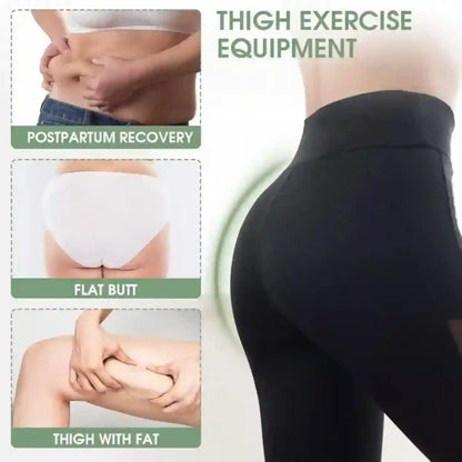 Advertisement for thigh exercise equipment showing before and after effects on body shape.
