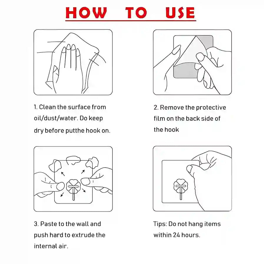 Instructions on how to use a hook, including cleaning, removing protective film, and pasting it to the wall.