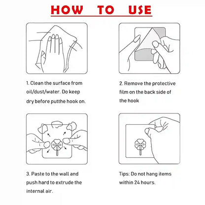 Instructions on how to use a hook, including cleaning, removing protective film, and pasting it to the wall.