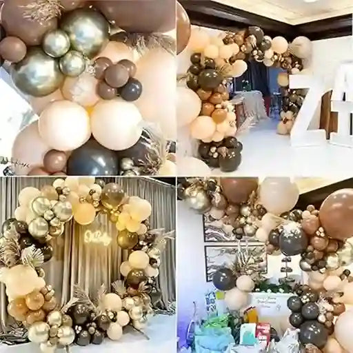 Collage of balloon arches in various settings with balloons in gold, silver, and white.