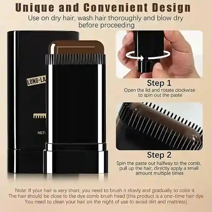 Hair dye product with usage instructions on a beige background