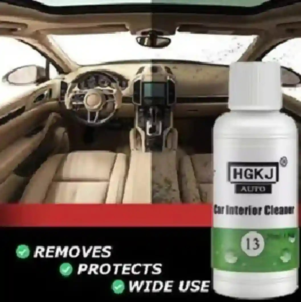 Car interior cleaner bottle with car interior background