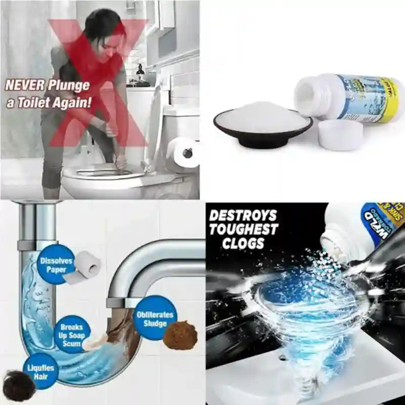 Product advertisement for a drain cleaner with images of its use and benefits.