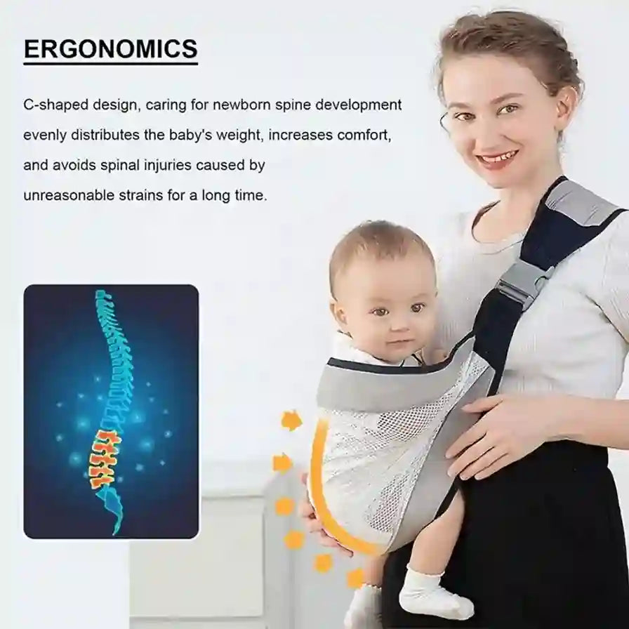 Woman holding a baby in a carrier with ergonomic design features highlighted.