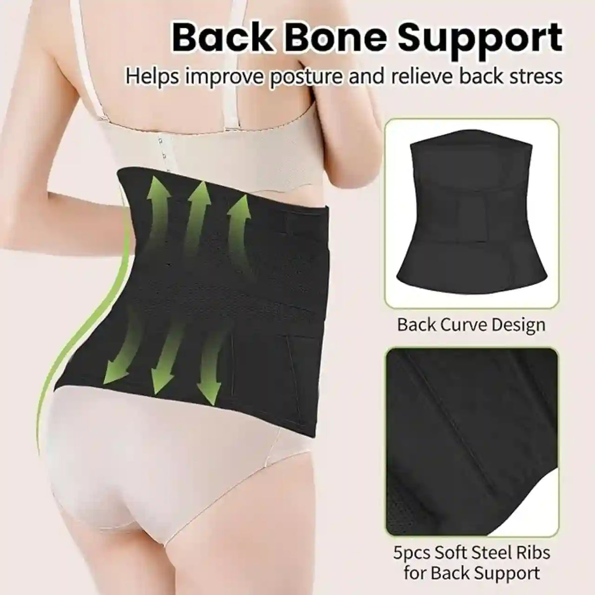 Black back support brace with green arrows on a model, highlighting features and benefits.