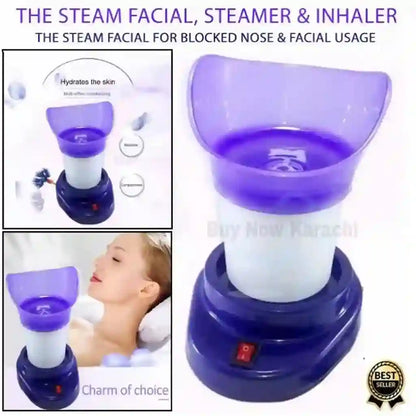 Purple steam facial, steamer, and inhaler device with text on a white background