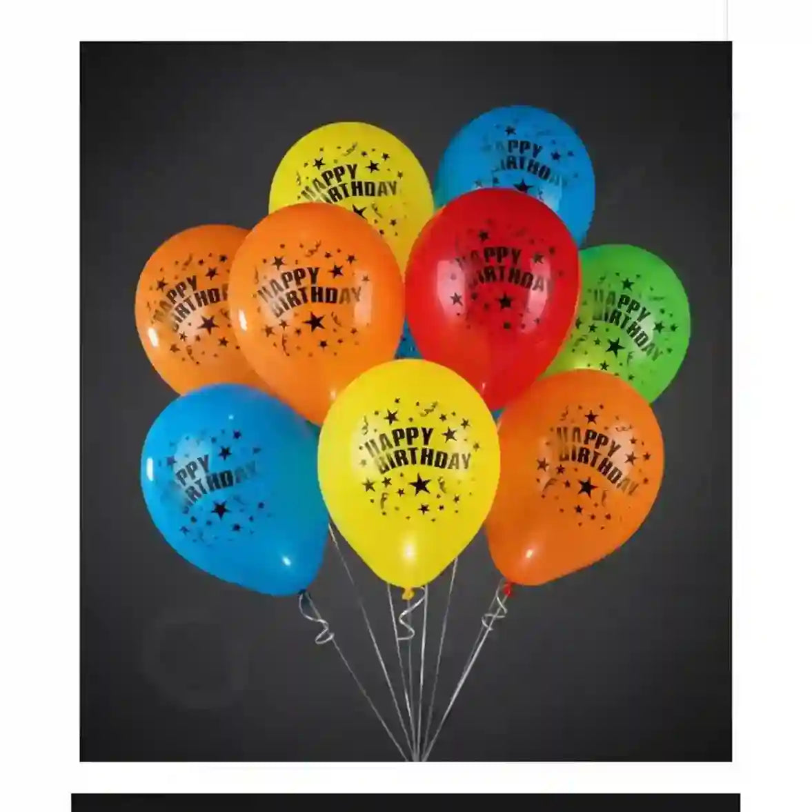 Colorful balloons with 'Happy Birthday' text on a black background