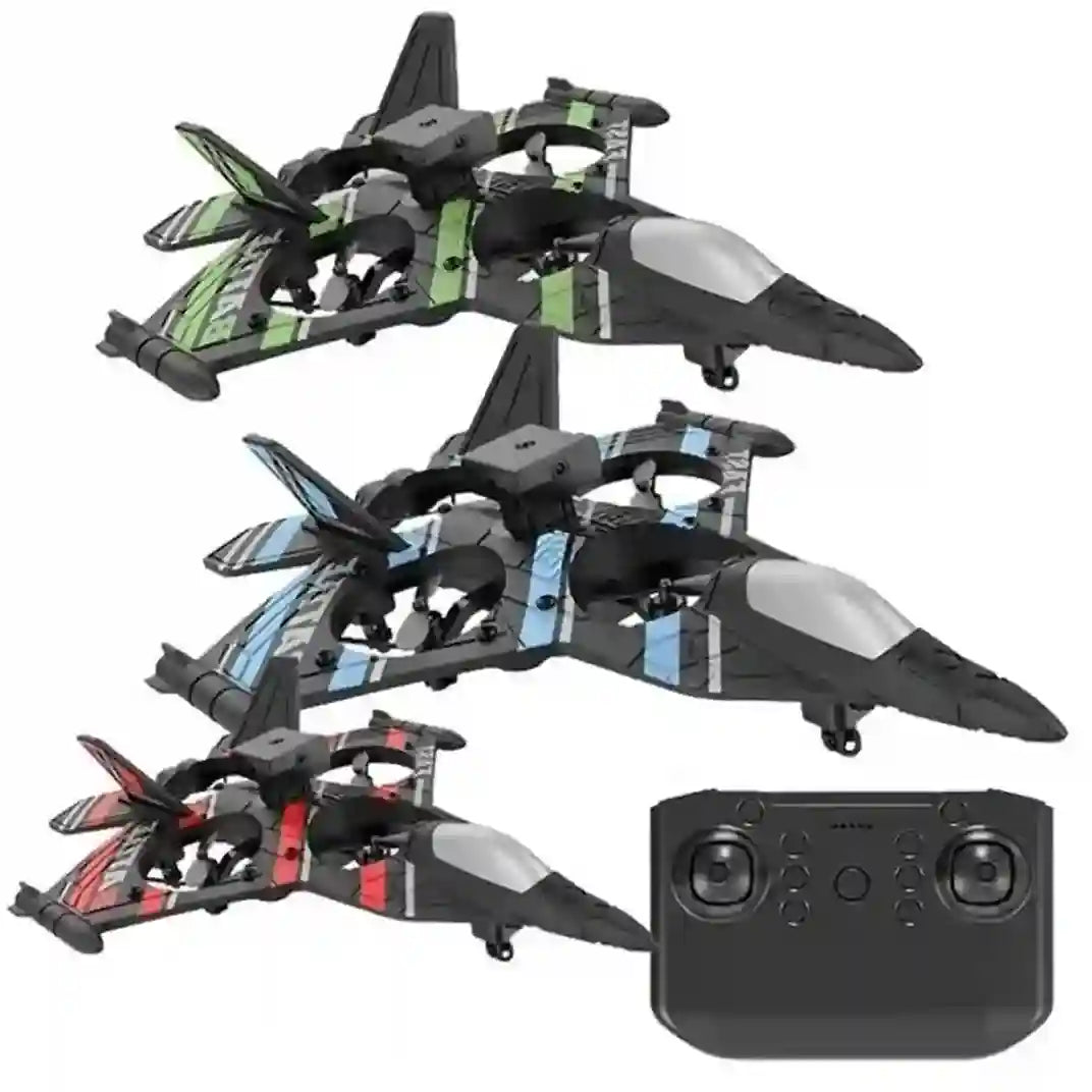 Toy drone with multiple configurations and a remote control on a white background