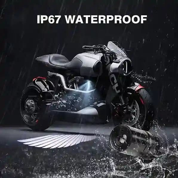 Motorcycle in rain with 'IP67 Waterproof' text