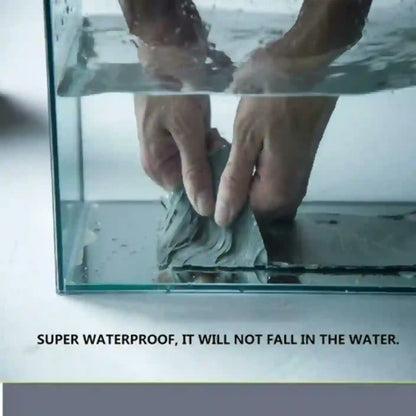 Person holding a waterproof material over water with text indicating its waterproof properties.
