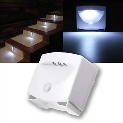 White motion sensor light on a white background with additional images of the light on steps and in use.