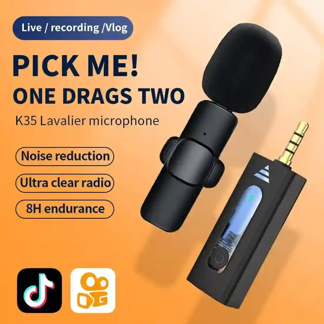 K35 lavalier microphone with transmitter on an orange background, featuring text about features and compatibility with TikTok and camera apps.