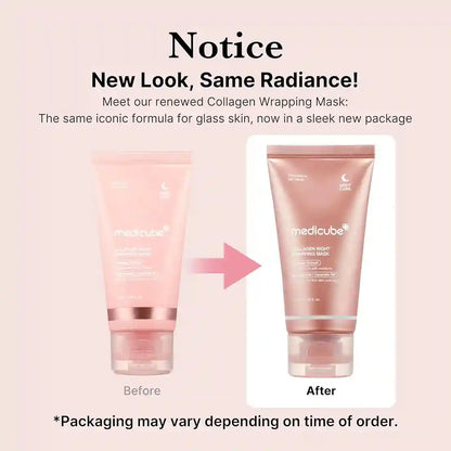 Collagen wrapping mask packaging comparison with 'Before' and 'After' labels on a pink background.