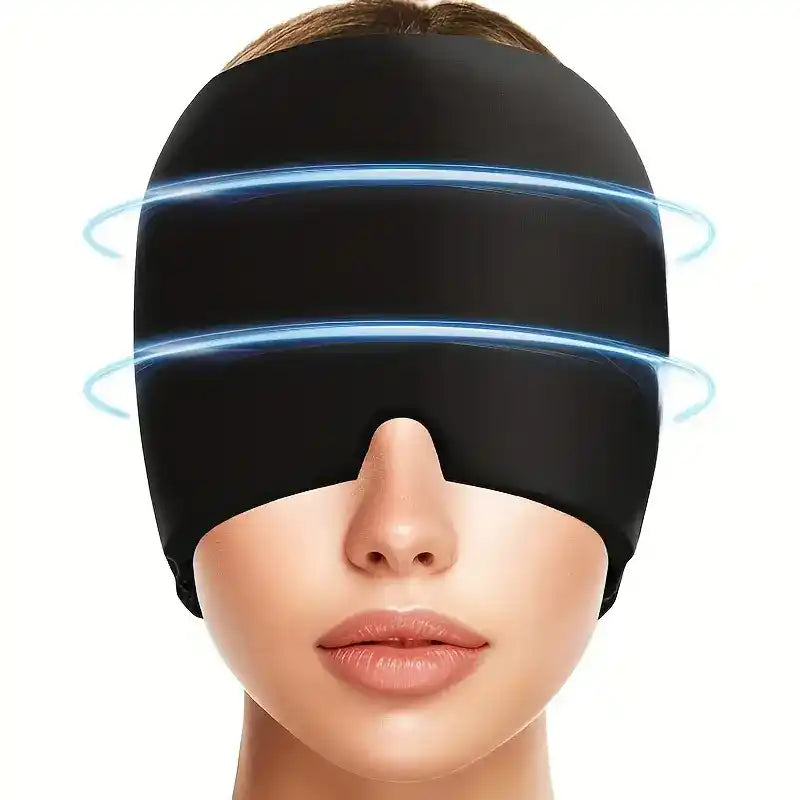 Black sleep mask with blue light on a white background