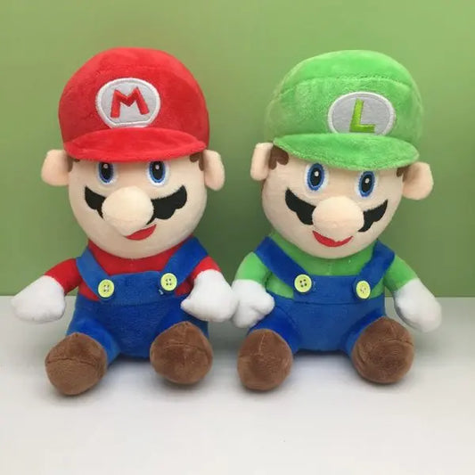 Plush toys resembling Mario and Luigi against a green background