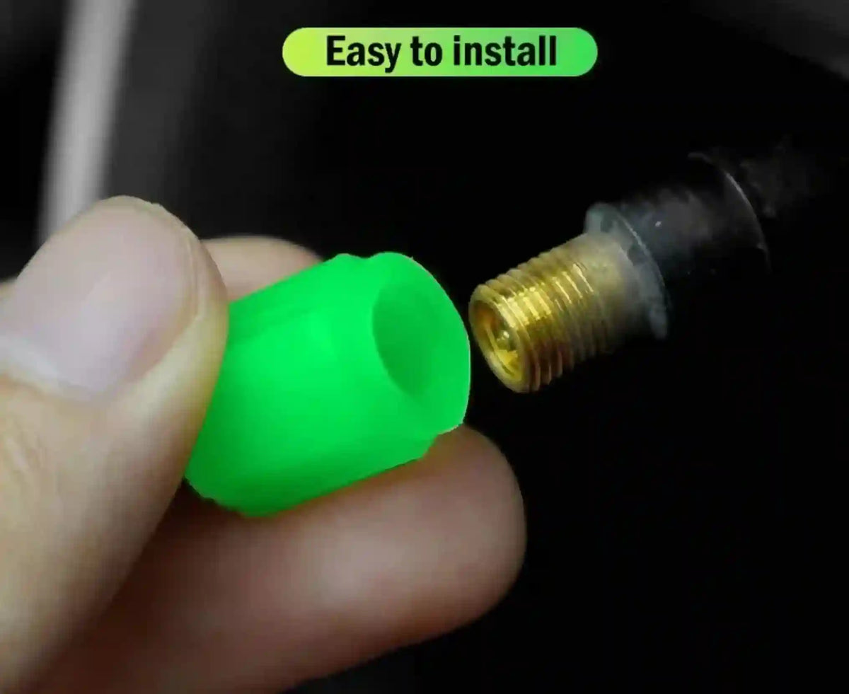 Green silicone cap being held over a brass fitting with 'Easy to install' text above.