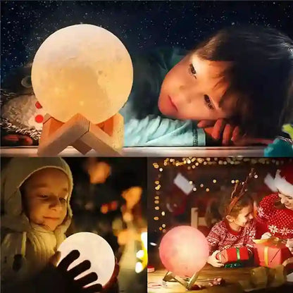 Child holding a moon-shaped lamp in various settings