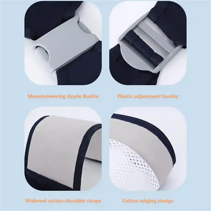 Product features including a mountaineering grade buckle, plastic adjustment buckle, widened cotton shoulder straps, and cotton edging design on a light blue background.