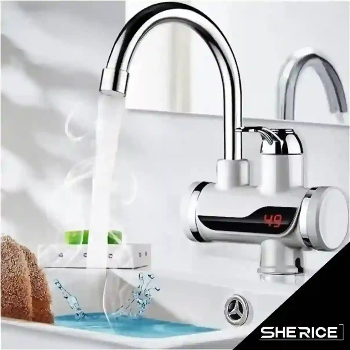 Chrome kitchen faucet with digital temperature display on a white background, featuring the brand 'SHERICE'.