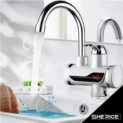 Chrome kitchen faucet with digital temperature display on a white background, featuring the brand 'SHERICE'.