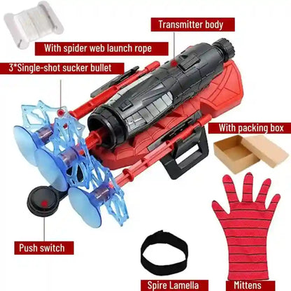 Toy weapon with spider web launcher, transmitter body, and accessories on a white background